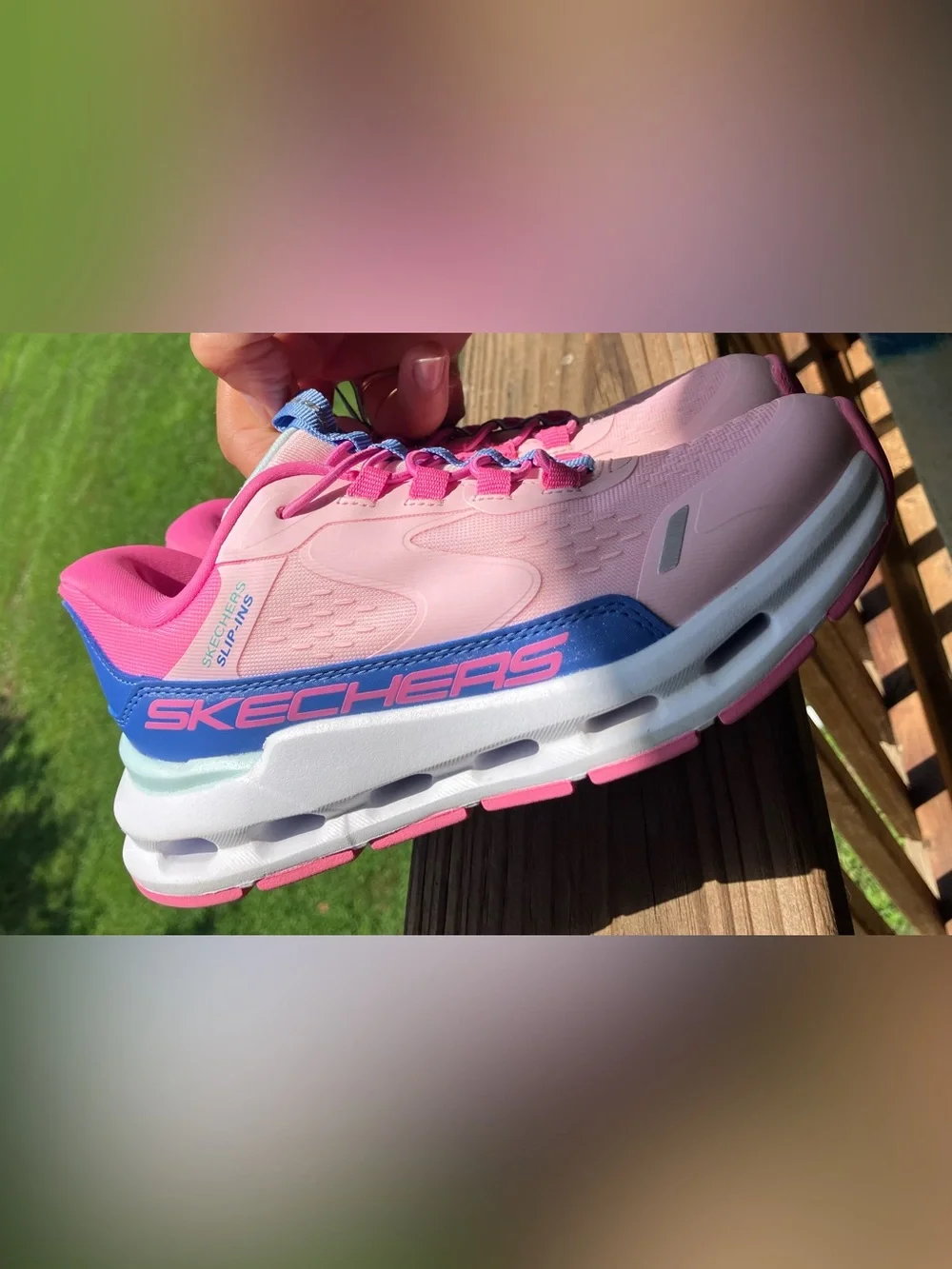 Skechers Pink Slip-On Athletic Sneakers with Blue Tongue Detail